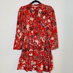 Ulla Johnson Red Liv Floral Mini Dress Size 8 Long Sleeves Cotton Blend Boho